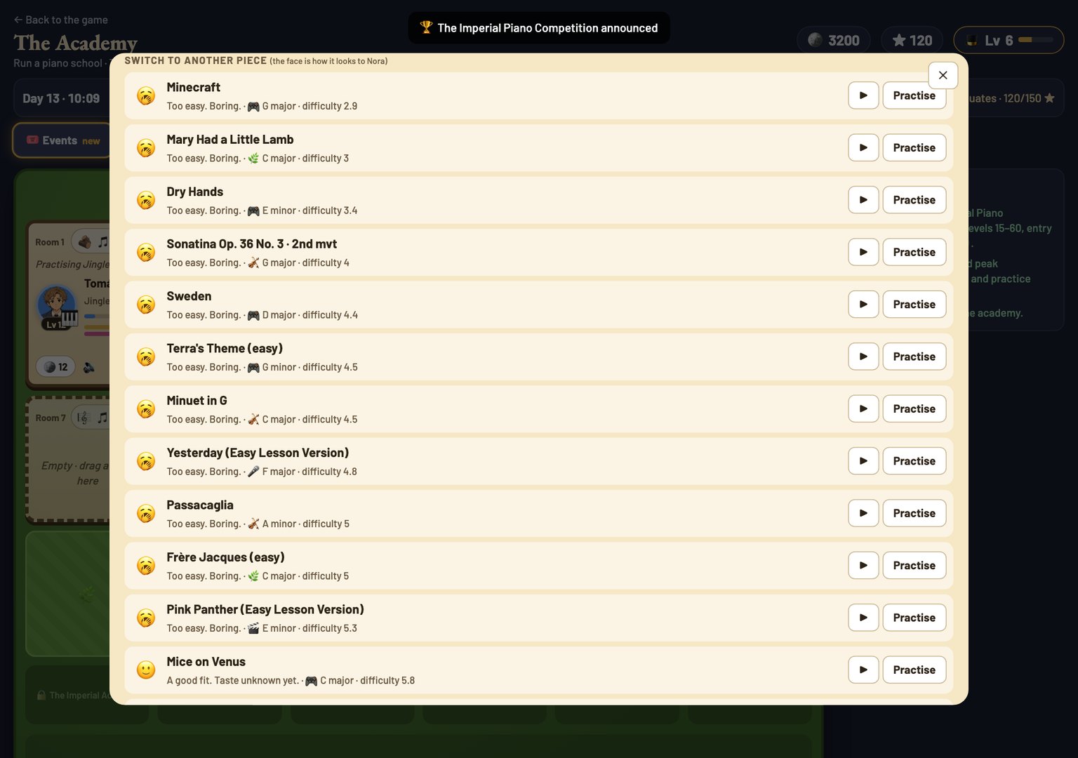 The pupil sheet's piece list