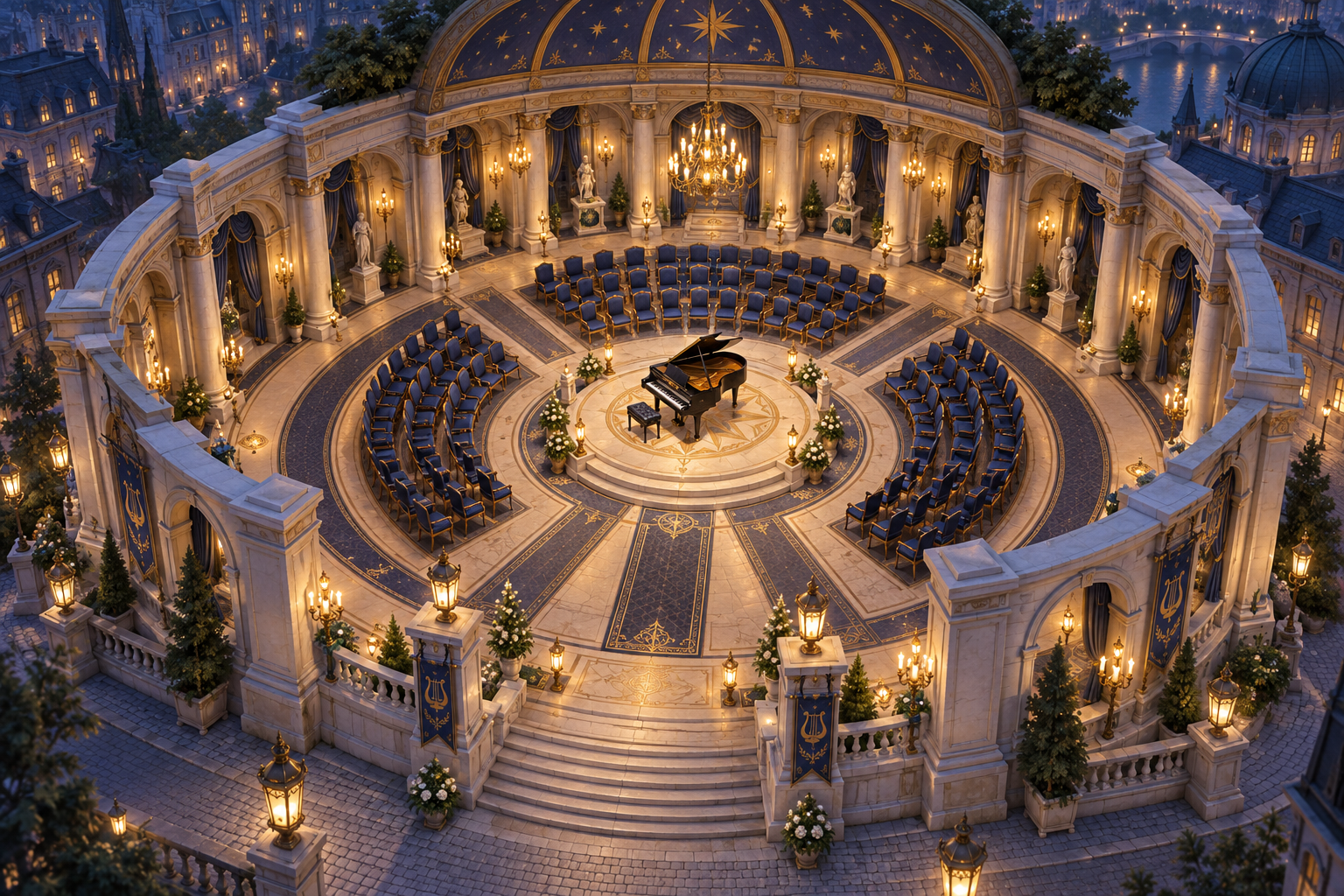 The Celestial Rotunda: a grand piano beneath a luminous blue dome, surrounded by golden balconies and rows of concert seats.